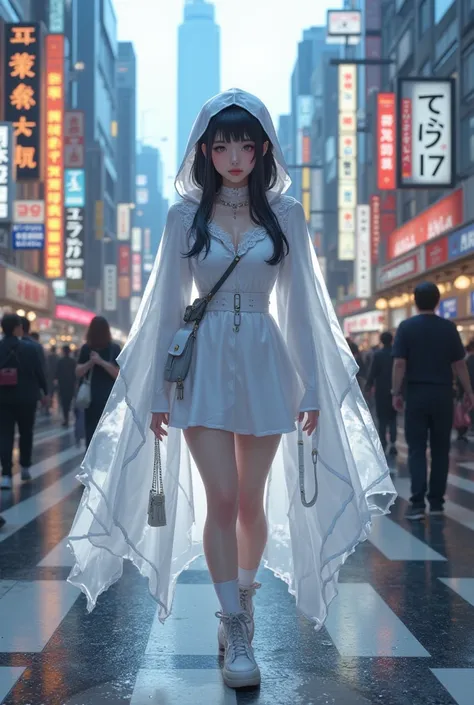 Japanese age girl with cute boobs,  realistic, cute face,  pale skin , Walking around the streets of Shibuya wearing a ghost costume,