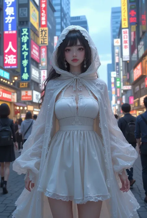 Japanese age girl with cute boobs,  realistic, cute face,  pale skin , Walking around the streets of Shibuya wearing a ghost costume,