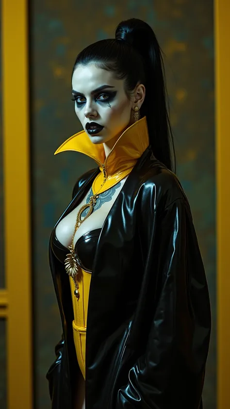 ANGELINA JOLIE, Dominatrix  , pale skin, vampire, nosferatu, dracula, BDSM, blue yellow latex , brilliant, metallic, corps latex noir, longue jupe crayon en latex noir, transparent  latex transparent Japanese latex kimono  , red brown latex over the knee b...