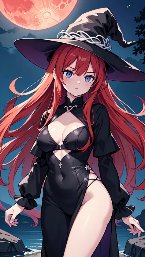 The prompt for Stable Diffusion generation is as follows:

"Witch,RPG,Sorceress,Magic,Red-haired Woman, black and white one-piece stylish bikini with contrasting black and white patterns witch hat.  red moon beach night,(best quality,4k,8k,highres,masterpi...