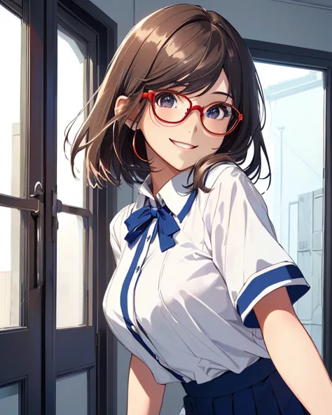  girl(ethnicity:1.2), (age:1.1),  uniform(detailed clothing:1.2),  Red-rimmed glasses(accessories:1.1),  smile(expression:1.2),   light skin tone(detailed skin texture:1.2),   facing forward (pose:1.2),  window際(position:center),  Slightly tilted to the le...