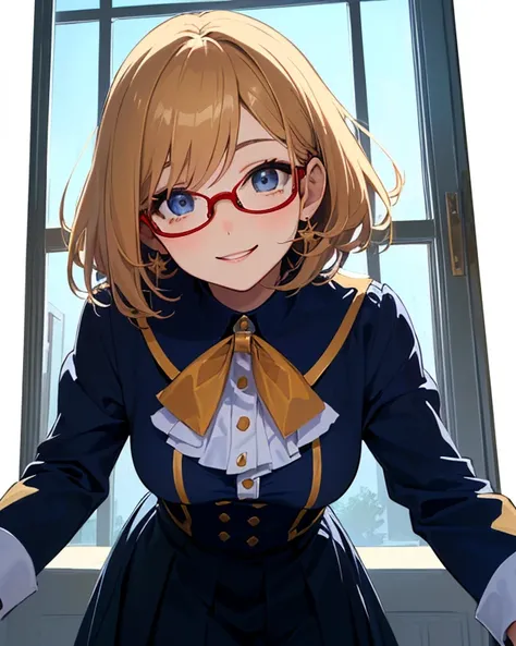  girl(ethnicity:1.2), (age:1.1),  uniform(detailed clothing:1.2),  Red-rimmed glasses(accessories:1.1),  smile(expression:1.2),   light skin tone(detailed skin texture:1.2),   facing forward (pose:1.2),  window際(position:center),  Slightly tilted to the le...