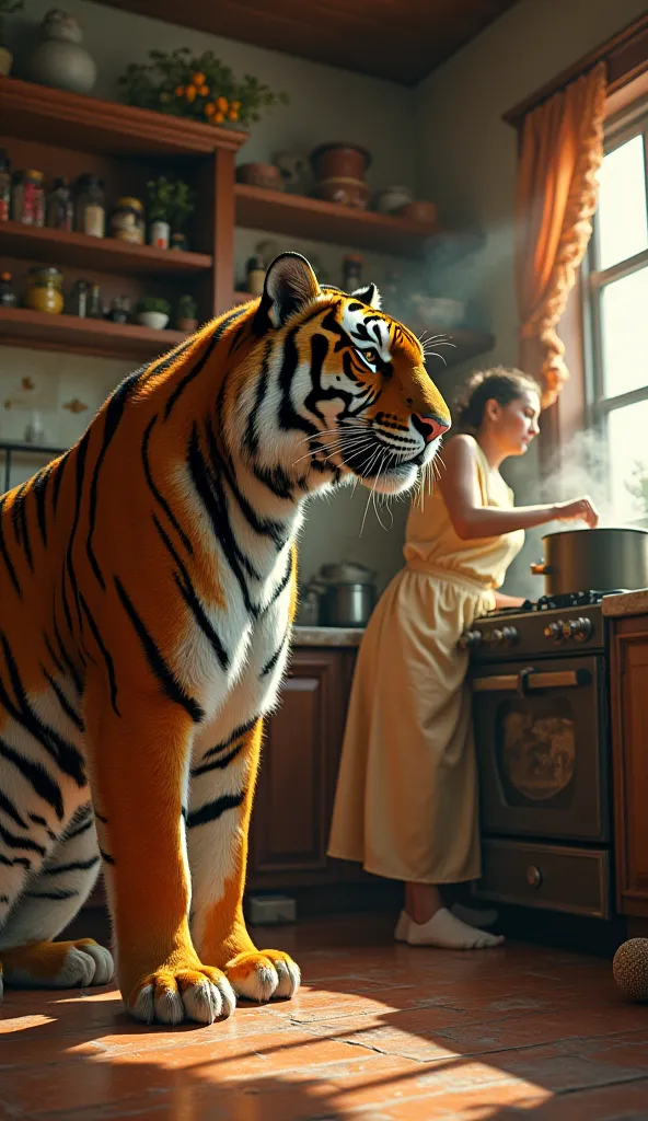 A picture of a fierce tiger and a female tiger cooking chicken in the kitchen 