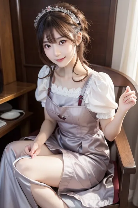  Realistic Photo Quality 、Japanese model in a silver and maroon dress is sitting on a chair、Anime girls cosplay 、Gorgeous maid、Maid Costume、  Maid Dress,  japanese maid cafe, looking at camera、Detailed and beautiful eyes、 cute smiles 、 soft and gentle expr...