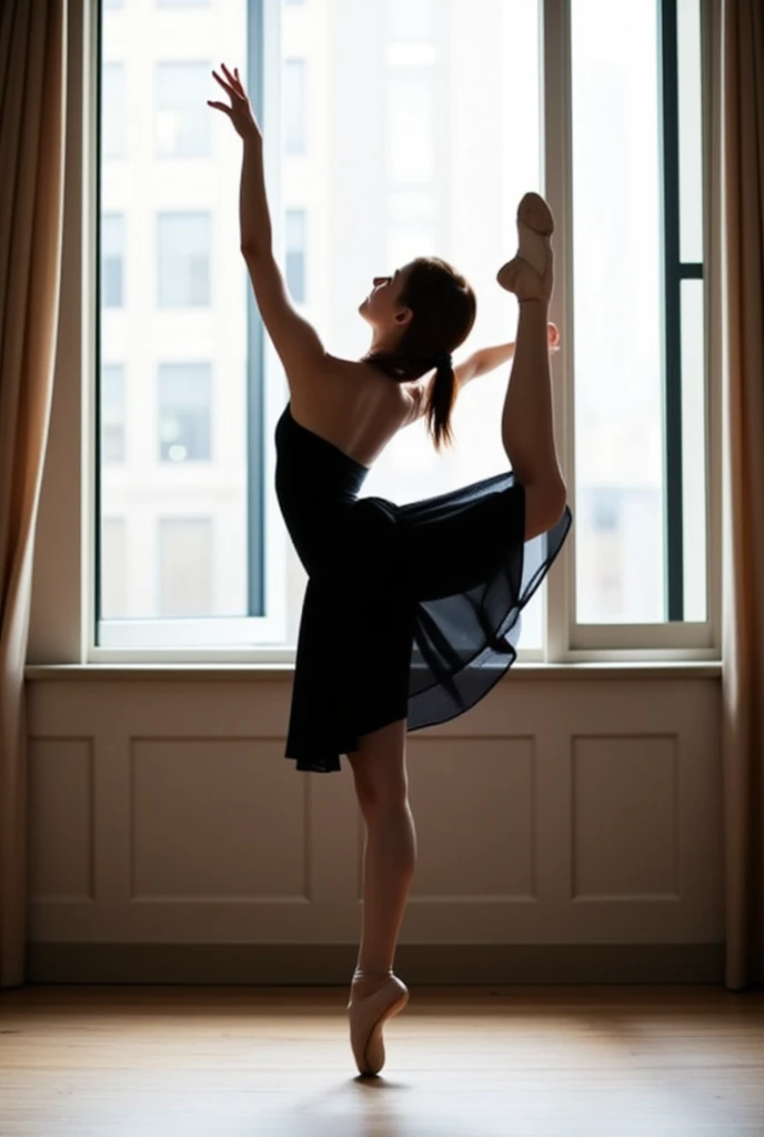 A slender asian woman in black dress doing a ballet pose in front of a window, a portrait by Elizabeth Polunin, tumblr, arabesque, dynamic dance photography, ballet performance photography, alina ivanchenko, anna nikonova, dancing gracefully, yulia nevskay...