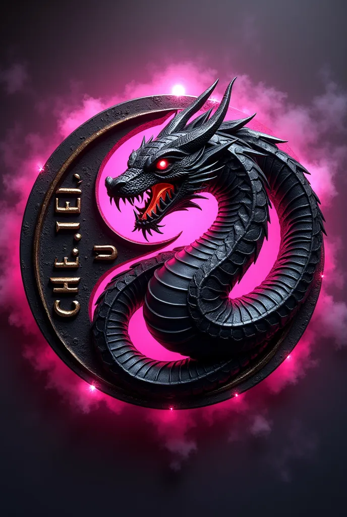 3D emblem logo, made of black steel, with a slight combination of gold. There is the writing "Che-Niel editing", in the middle there is a dragon snake with black skin with red eyes. From behind the logo there is a glowing magenta light R