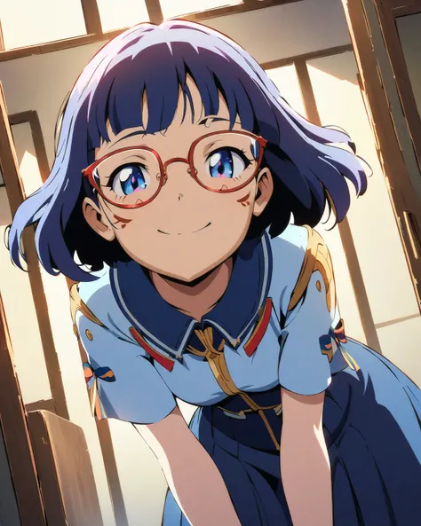  girl(ethnicity:1.2), (age:1.1),  uniform(detailed clothing:1.2),  Red-rimmed glasses(accessories:1.1),  smile(expression:1.2),   light skin tone(detailed skin texture:1.2),   facing forward (pose:1.2),  window際(position:center),  Slightly tilted to the le...