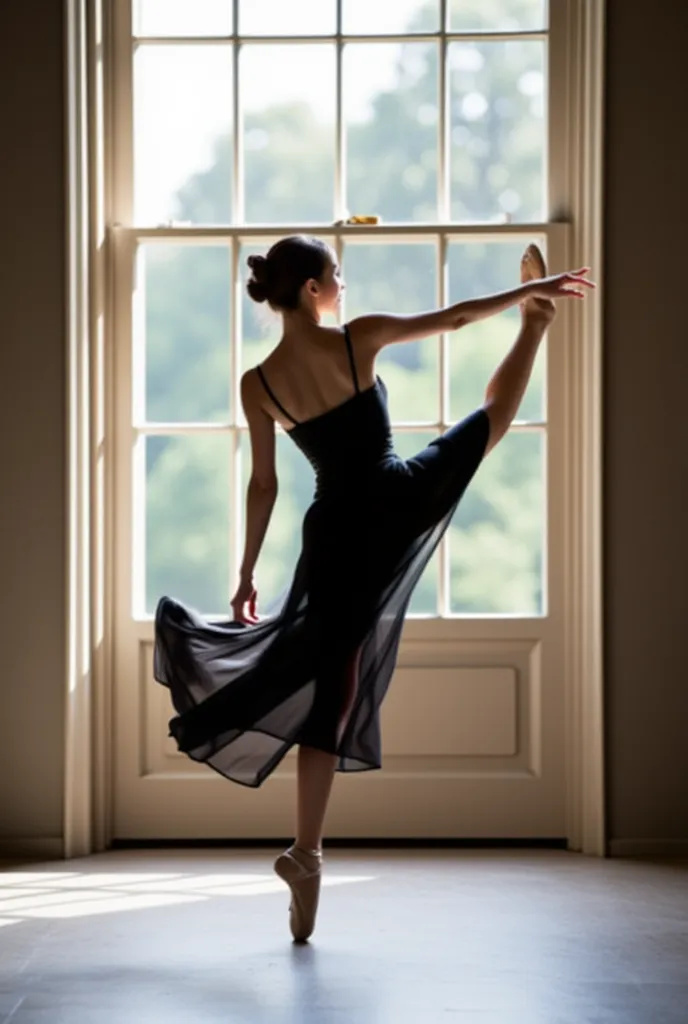 A slender asian woman in black dress doing a ballet pose in front of a window, a portrait by Elizabeth Polunin, tumblr, arabesque, dynamic dance photography, ballet performance photography, alina ivanchenko, anna nikonova, dancing gracefully, yulia nevskay...