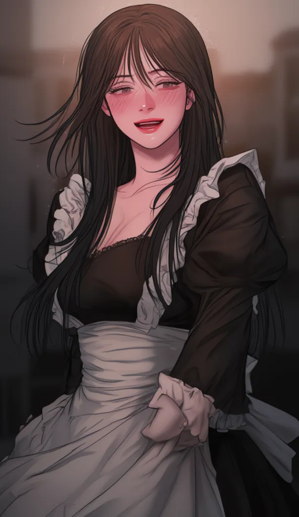 Dramatic Digital Artwork:1.3) of,(Energetic:1.3) portrait of female (snezanasakovic2:1.1) wearing a maid ,Long hair, black hair and eyes, Grinning ,Tired eyes, style-sylvamagic, fashion girl,CGSociety,ArtStation