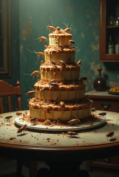 A cake in the dining table the cakes look very junk food and the mini cockroaches around the cake and its look like smelly cake