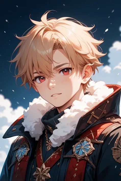 An anime-style young man with blond hair and red eyes. feathered bangs. A carefree and elusive character. A cool-looking man. A character who seems flashy but is actually reliable. A lighthearted young man.