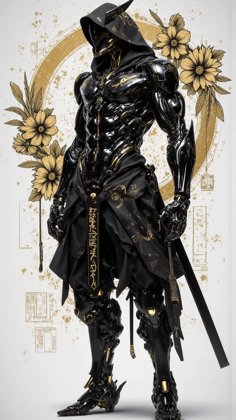 Exquisite，The futuristic concept of Cyborg Geek {x} {x} {x} Black Gold Floral Tattoo，presents。centered and uncropped，Wide angle view，A full-body image of a robot ninja。Artist inspiration：AR 916。original style，in a minimalist style。