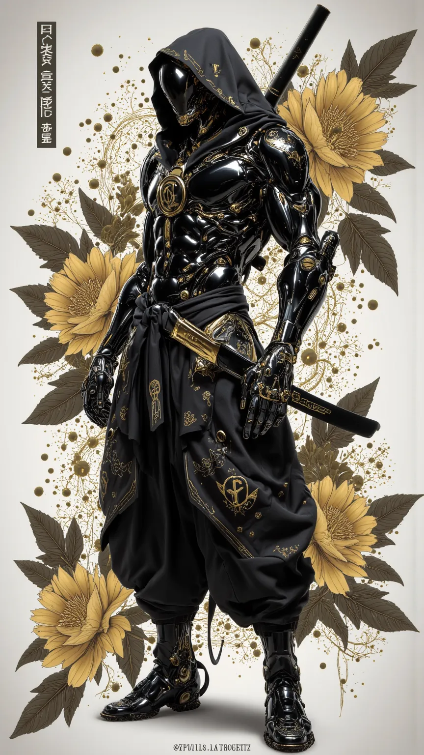 Exquisite，The futuristic concept of Cyborg Geek {x} {x} {x} Black Gold Floral Tattoo，presents。centered and uncropped，Wide angle view，A full-body image of a robot ninja。Artist inspiration：AR 916。original style，in a minimalist style。