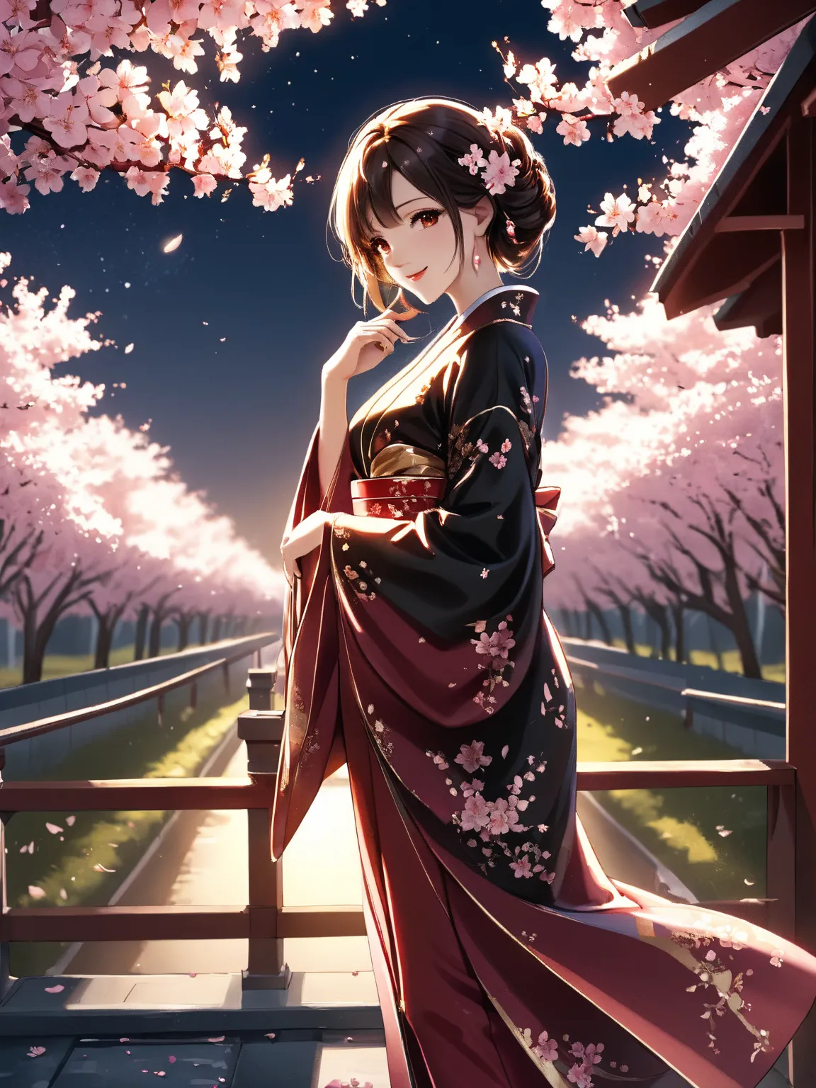  anime style、hand-drawn anime、Moe art、Dusk Approaching Weeping Sakuramori、Weeping cherry blossoms shine like red neon lights、Beautiful age girl covering her mouth with her sleeves、 happy smile 、slender figure in line、 sophisticated silhouette。
The finest s...