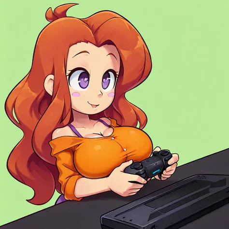 chica, Caucasian,  thin,  purple eyes, rough and sexy look ,  big breasts, long wavy hair, Dark redhead. orange shirt and video game controller. Crear stickers. green background.