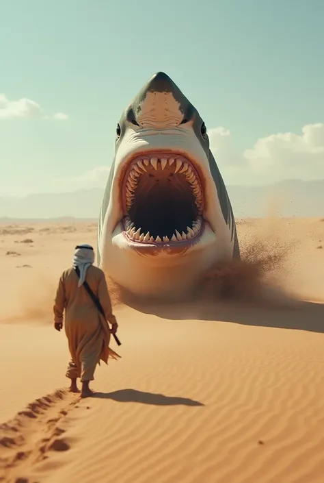 A hyperdetailed photorealistic high speed camera image of a great white shark thrusting itself up from the desert sand, startling a terrified Bedouin who his face facing forward looking straight at camera.