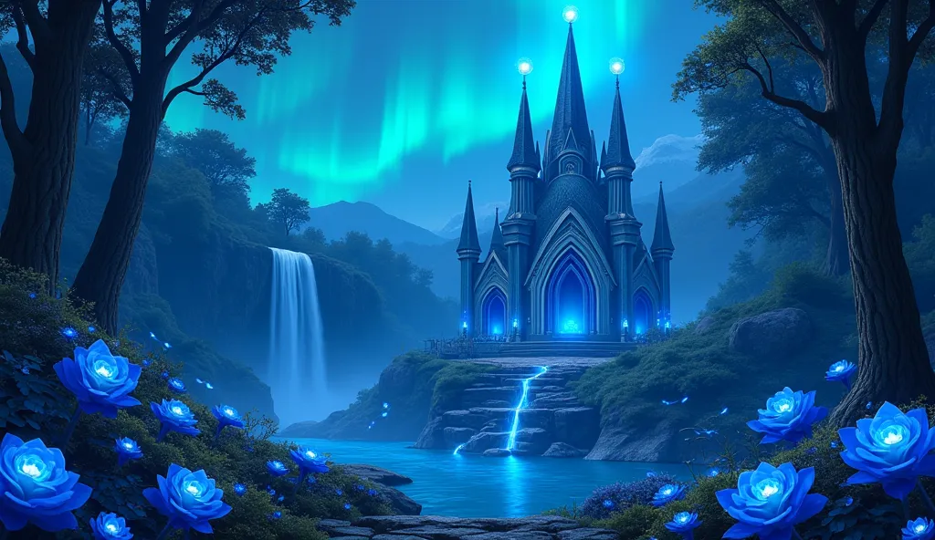 
Fantasy temple with peaked towers made of blue light colored glass, the temple has 3 small balls of precious blue light on the top,  at night,  clear sky con la blue aurora borealis de color azul, 3 very large blue roses,  at night, 7 blue water lilies fl...