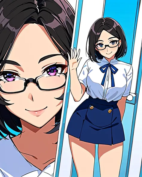  girl(ethnicity:1.2), (age:1.1),  uniform(detailed clothing:1.2),  Red-rimmed glasses(accessories:1.1),  smile(expression:1.2),   light skin tone(detailed skin texture:1.2),   facing forward (pose:1.2),  window際(position:center),  Slightly tilted to the le...