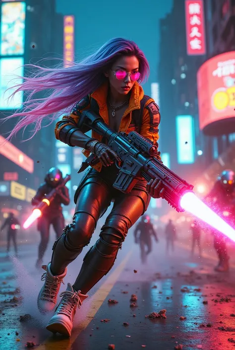 A realistic female robot of Asian appearance with long, vibrant, multicolored hair flowing wildly as she moves. Her face features reflective aluminum elements, and she wears neon transparent glasses. She is dressed in edgy, punk-inspired futuristic clothin...