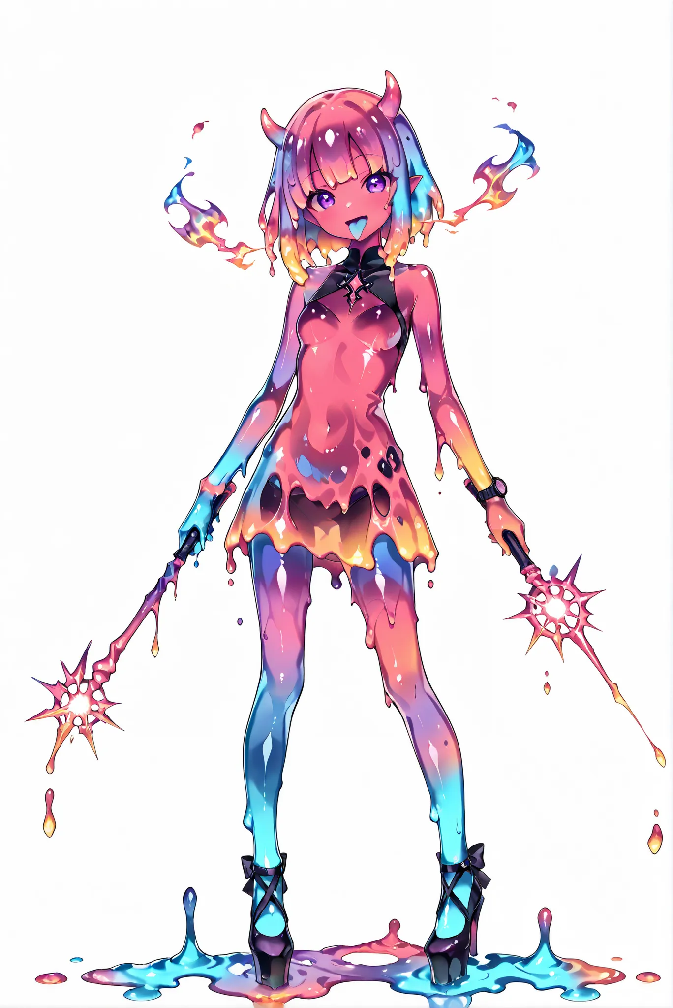 （ white background， stands，whole body，heels， front view,Standing picture:1.7)，HoleHeels，oval/Circle/Thorn/Horn Heels，,limited color palette,Colorful, vivid colors ,black light ,watch,  Masterpiece, Very beautiful,,若い美しい slime girl ,(  Monster Girl, slime g...