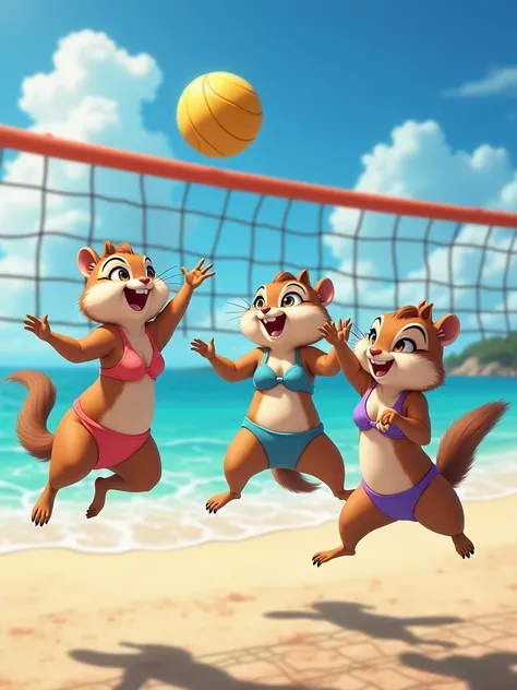 (Anime)(best quality) beach ,volleyball game, cute chipmunks club, jump to smash, bikini, beach field, intricate, hyper realistic