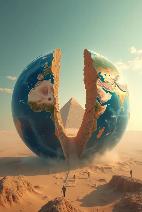 The globe is split in half and the pyramids come out of it