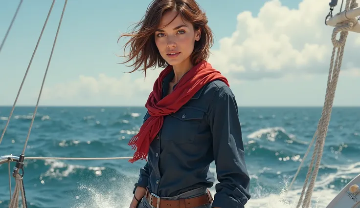 Mid-20s female sailor after one year at sea, with sun-tanned skin, confident brown eyes, and short wavy chestnut-brown hair with sun-bleached streaks. Wearing dark navy-blue patched tunic shirt, reinforced gray trousers, red scarf, and heavily scuffed brow...