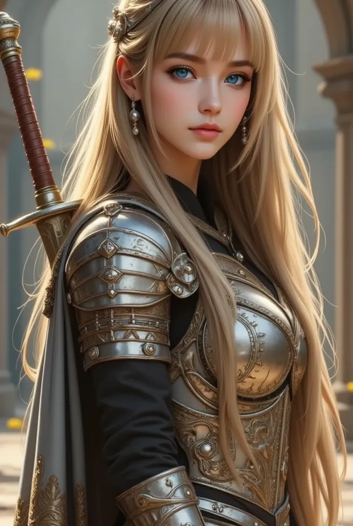 Master of Swordsmanship、Whole body expression、woman、Nordic、21 years old、Beauty、 blonde semi-long、Smile、 holding a sword 、Wearing Armor、 opening her legs and lowering her hips 、 The background is an arena 、