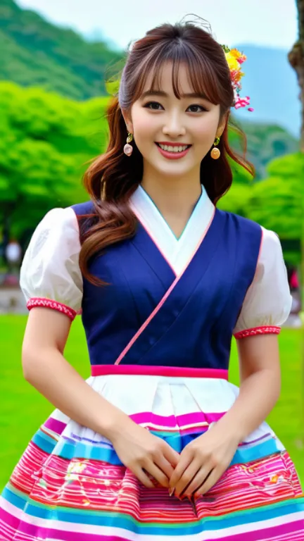  Masterpiece, Medium Rana Image,  beautiful girl, Japanese-Korean Half-Ball Girl,  in the park, close-up full screen shot, images, Happy day of a Muse mountain girl in a beautiful local dress, stopping in front of the camera, three of them smiling very cha...