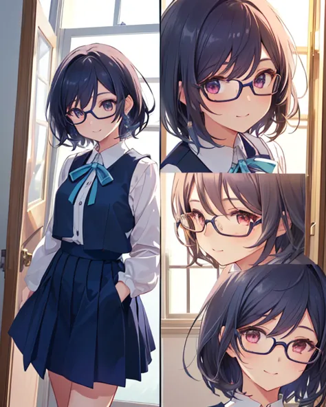  girl(ethnicity:1.2), (age:1.1),  uniform(detailed clothing:1.2),  Red-rimmed glasses(accessories:1.1),  smile(expression:1.2),   light skin tone(detailed skin texture:1.2),   facing forward (pose:1.2),  window際(position:center),  Slightly tilted to the le...