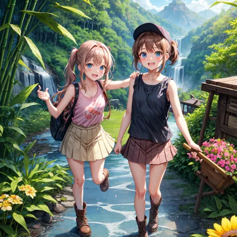 pink brown brown gold hair、  blue eyes、  Has hair tied  、Two cute people、  check mini skirt、  black t-shirt、 Light clothing、 tank top、 camisole、high socks、 Boots、 teeth inside、  The Road Is Crooked 、Mountain々、Stick together  、 bamboo forest、 chest pocket  ...