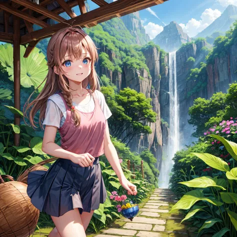 pink brown brown gold hair、  blue eyes、  Has hair tied  、Two cute people、  check mini skirt、  black t-shirt、 Light clothing、 tank top、 camisole、high socks、 Boots、 teeth inside、  The Road Is Crooked 、Mountain々、Stick together  、 bamboo forest、 chest pocket  ...