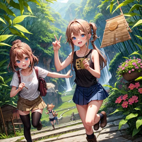 pink brown brown gold hair、  blue eyes、  Has hair tied  、Two cute people、  check mini skirt、  black t-shirt、 Light clothing、 tank top、 camisole、high socks、 Boots、 teeth inside、  The Road Is Crooked 、Mountain々、Stick together  、 bamboo forest、 chest pocket  ...