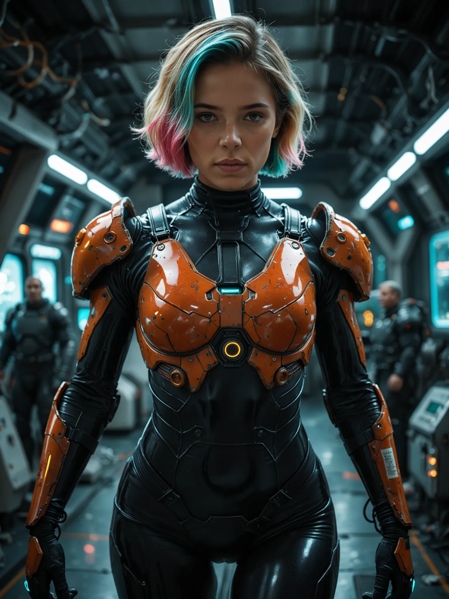 masterpiece, best quality, amazing quality, realistic, (cowboy shot), bimbo, multi-colored hair, short hair, red leather bodysuit, cleavage, cyberpunk light armor, posing, (looking at viewer:1.3), space station, depth of field, bokeh, dark theme