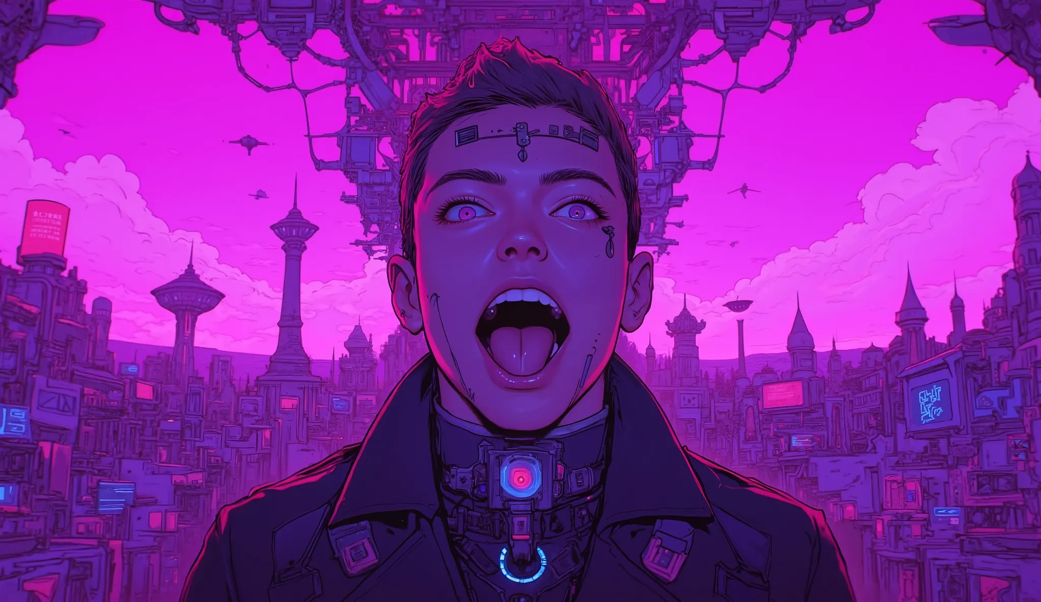 TOP QUALITY　Ultra delicate　 Japanese Anime Anime　One young man　　Strong shadows 　Pink light　purple scenery　 strong contrast 　Open your eyes and stick out your tongue　サイバーpunk　punk