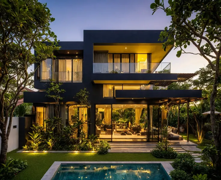 a modern two-story villa with a strong, dark color tone, featuring a ground floor and an upper level. The exterior and interior are dominated by bold, dark hues, complemented by warm yellow LED lighting that highlights the architectural details. The villa ...