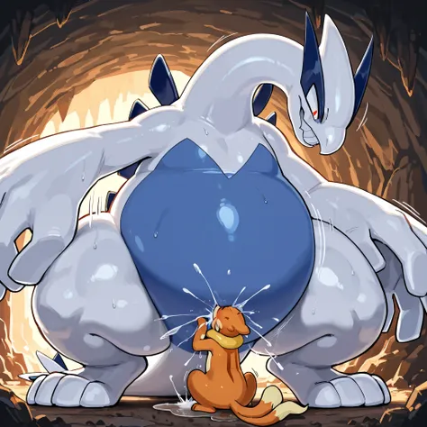 4k ultra quality, 4k full body view,masterpiece quality, large feral Lugia, small feral buizel, irrumatio , deepthroat,  [Lugia:squatting, heavy weight giant bulky fat, grabbing head, grabbing body, evil grin, looking down, big penis, cumming, bodily fluid...