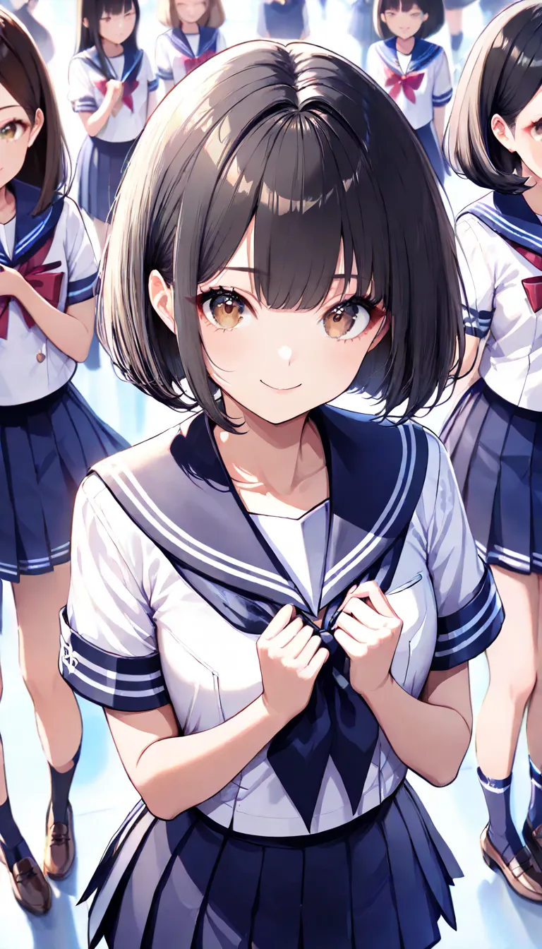 ​(TOP QUALITY, 8k,  masterpiece:1.3, beautiful girl),Glowing Skin,((Short sleeve, Cute navy sailor suit,  navy pleated skirt, Navy sailor collar , Blue Sailor Scarf,  socks,  brown loafers )), ,(Perfect Anatomy, very well detailed skin),((brown eyes on the...