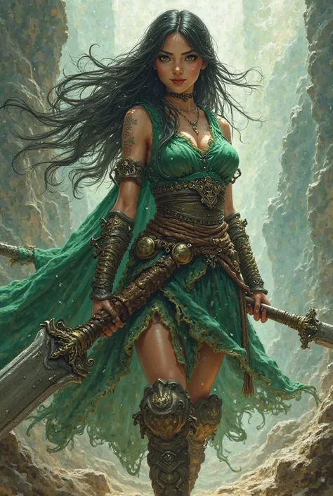 armed,  green-eyed, warrior spirit, smiling ,  with black hair, lass