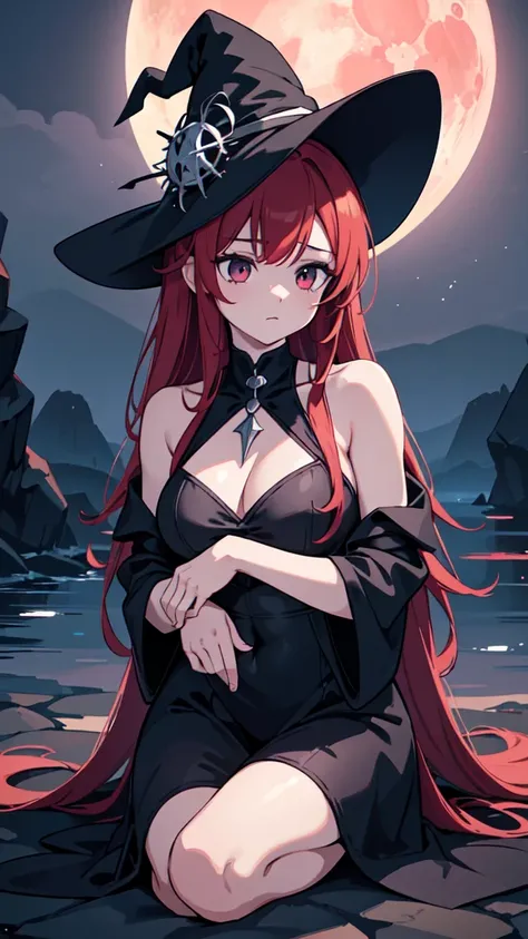 The prompt for Stable Diffusion generation is as follows:

"Witch,RPG,Sorceress,Magic,Red-haired Woman, black and white one-piece stylish bikini with contrasting black and white patterns witch hat.  red moon beach night,(best quality,4k,8k,highres,masterpi...