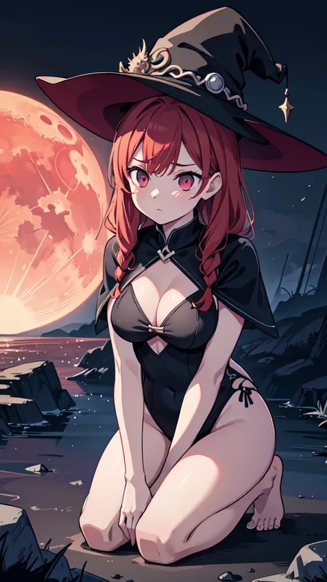 The prompt for Stable Diffusion generation is as follows:

"Witch,RPG,Sorceress,Magic,Red-haired Woman, black and white one-piece stylish bikini with contrasting black and white patterns witch hat.  red moon beach night,(best quality,4k,8k,highres,masterpi...