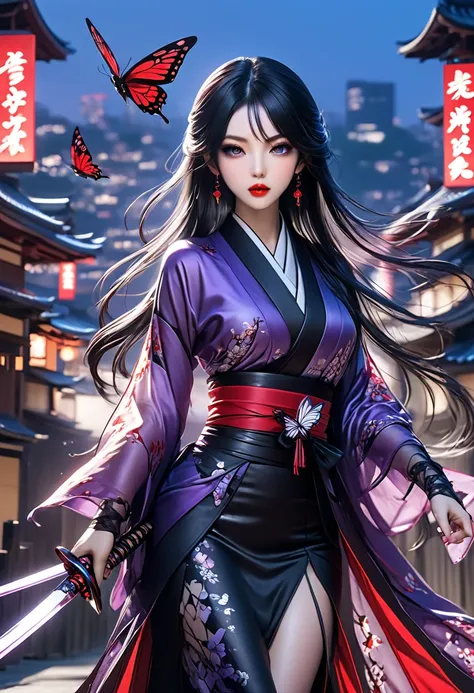 Mibu Shiri

Black long hair straight hair with purple mesh。Pity Purple Eyes 。 white skin。 red lips。 Smooth nose muscles 。Sharp impression。An enchanting beauty with a slender figure 。 Owner with a Mysterious and Unconventional Atmosphere 。Purple Kimono with...