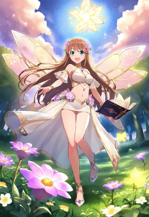  beautiful anime girl ,  sexy pla neckline, Charming, Fairy, dressed in beautiful sparkling clothes, holds in his hand a beautiful book, from which a beautiful magical flower blooms, Shine, against the sky with stars and beautiful clouds, , the picture is ...