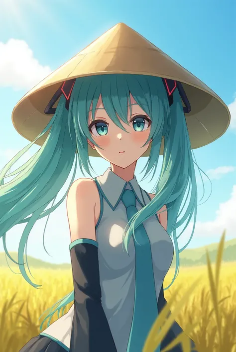 An adult face Hatsune Miku wearing Vietnamese conical hat , middle of a landscape of ripe rice fields and blue sky, sunlight and shine, silky hair floating in the wind, cool face, highest grade, masterpiece, anime style art, top quality, very detailed
