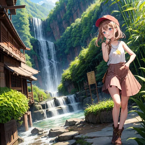 pink brown brown gold hair、 eye、  Has hair tied  、Two cute people、  check mini skirt、  black t-shirt、 Light clothing、 tank top、 camisole、high socks、 Boots、 teeth inside、  The Road Is Crooked 、Mountain々、Stick together  、 bamboo forest、 chest pocket  、rock s...