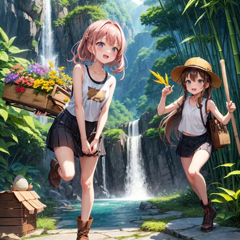 pink brown brown gold hair、 eye、  Has hair tied  、Two cute people、  check mini skirt、  black t-shirt、 Light clothing、 tank top、 camisole、high socks、 Boots、 teeth inside、  The Road Is Crooked 、Mountain々、Stick together  、 bamboo forest、 chest pocket  、rock s...