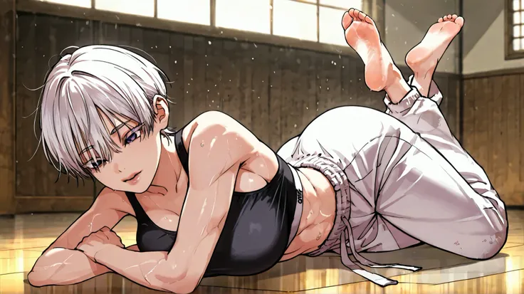 1 girl, tomboy, young, beautiful face, short hair, straight hair, white hair, purple eyes, reddish lips, cold eyes, bright skin, lighting, white eyelashes, sexy body, fit body, thick thighs, large breast, black sports bra, karate pants, laying on her stoma...