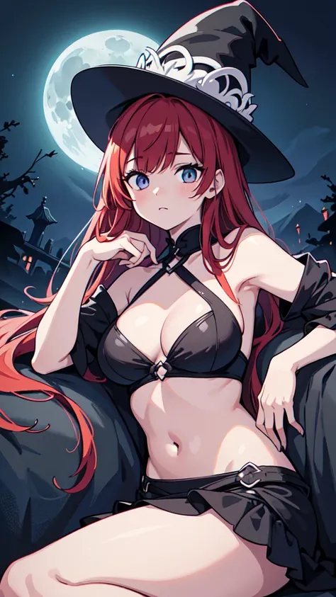 The prompt for Stable Diffusion generation is as follows:

"Witch,RPG,Sorceress,Magic,Red-haired Woman, black and white one-piece stylish bikini with contrasting black and white patterns witch hat.  red moon beach night,(best quality,4k,8k,highres,masterpi...