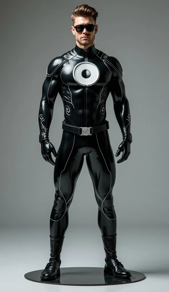 Full body photorealistic shots of Junior male superhero in tight fit black metallic latex suit, with gloves and belt and boots,, full bodyesbian, mitts, fitness body, Young men, brown undercut hair, silver swirls and twirls decorations, very large crotch b...