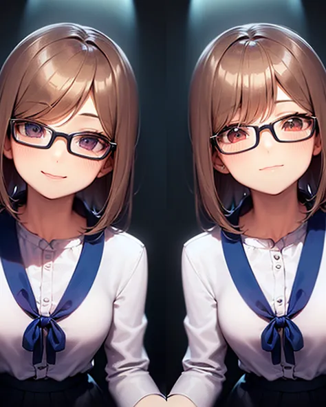  girl(ethnicity:1.2), (age:1.1),  uniform(detailed clothing:1.2),  Red-rimmed glasses(accessories:1.1),  smile(expression:1.2),   light skin tone(detailed skin texture:1.2),   facing forward (pose:1.2),  window際(position:center),  Slightly tilted to the le...